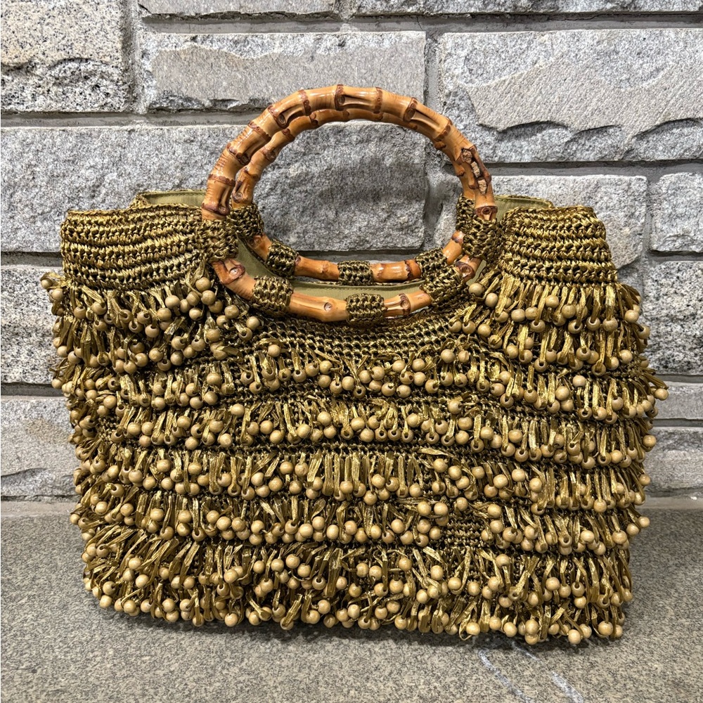 Trina Turk 15 Inch Brown Raffia Woven & Beaded Bag (pre-owned)